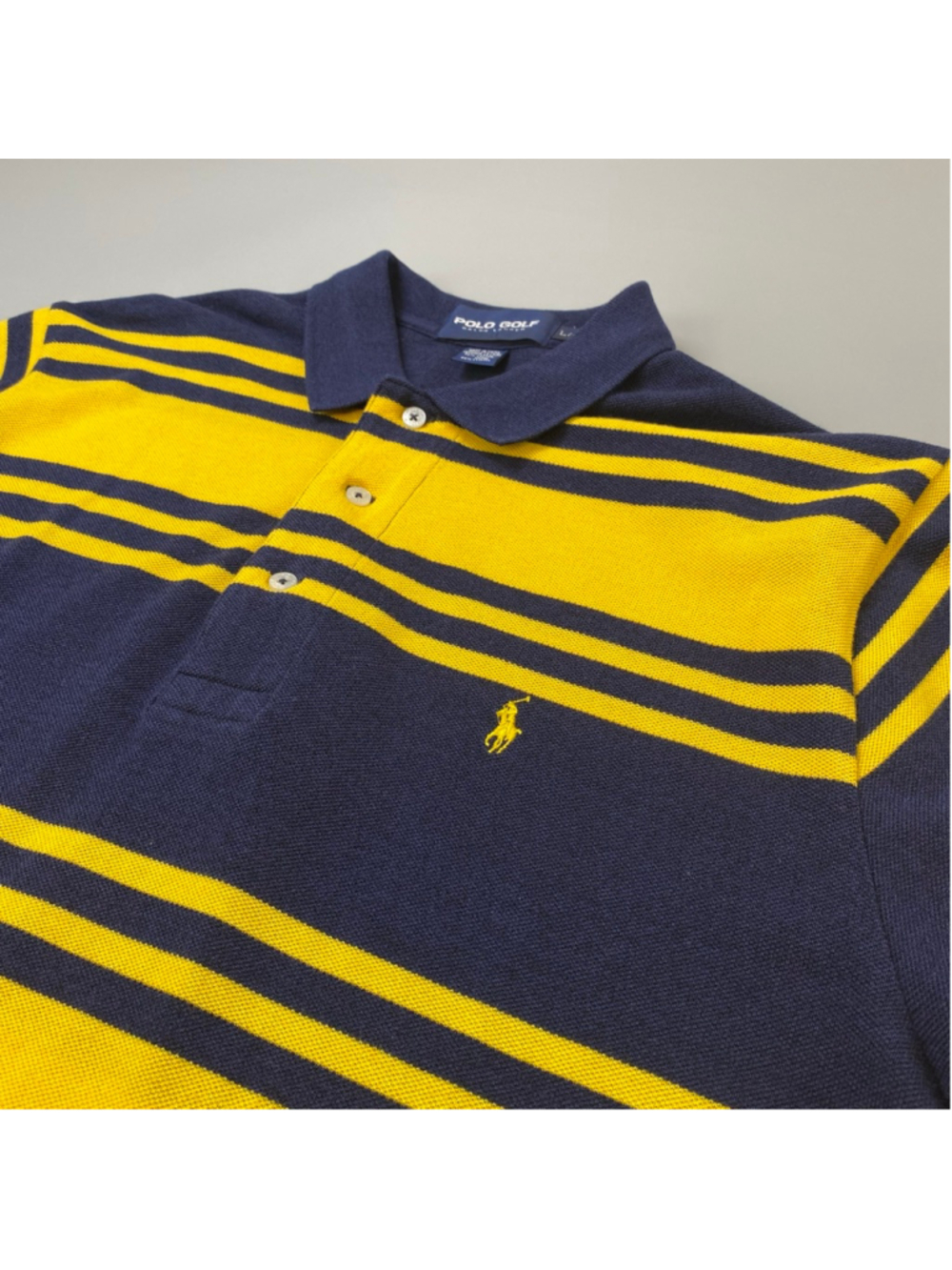 Polo Golf Ralph Lauren Shirt Large Navy Yellow Striped Big Brother Core Preppy